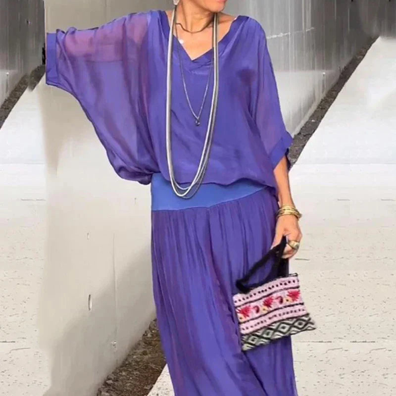 Valenzora | Elegant two-piece set consisting of a chiffon top and wide-leg trousers