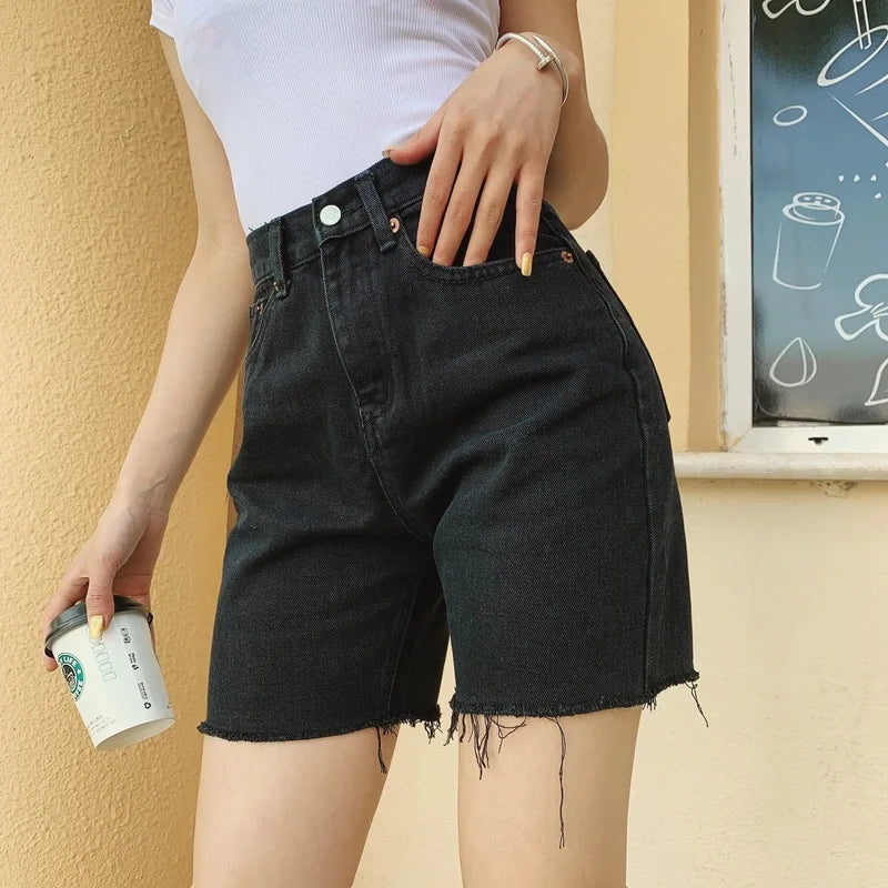 Valenzora | Women's High Waist Wide Leg Denim Shorts Girls Summer Fashion Streetwear Casual Solid Color Female Loose Stretch Jeans