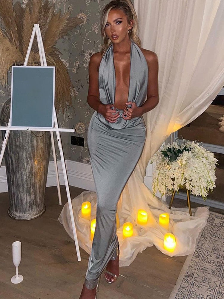 Valenzora – Sexy langes Kleid mit V-Ausschnitt und Neckholder für Damen
