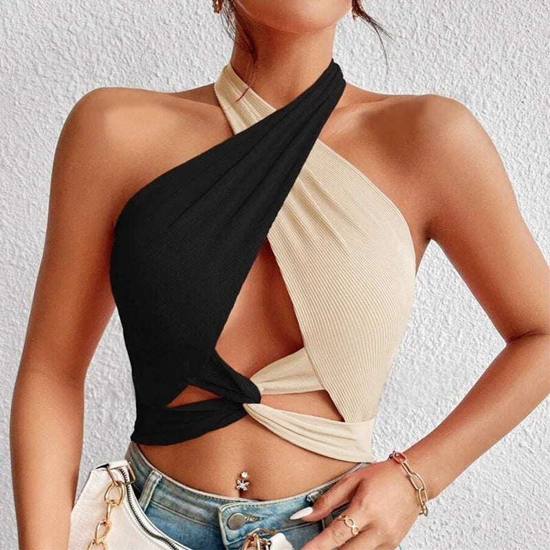 Valenzora | Women's Summer Tank Tops Sexy Patchwork Cross Halterneck Strap Hole Crop Tops High Street Wear New Fashion