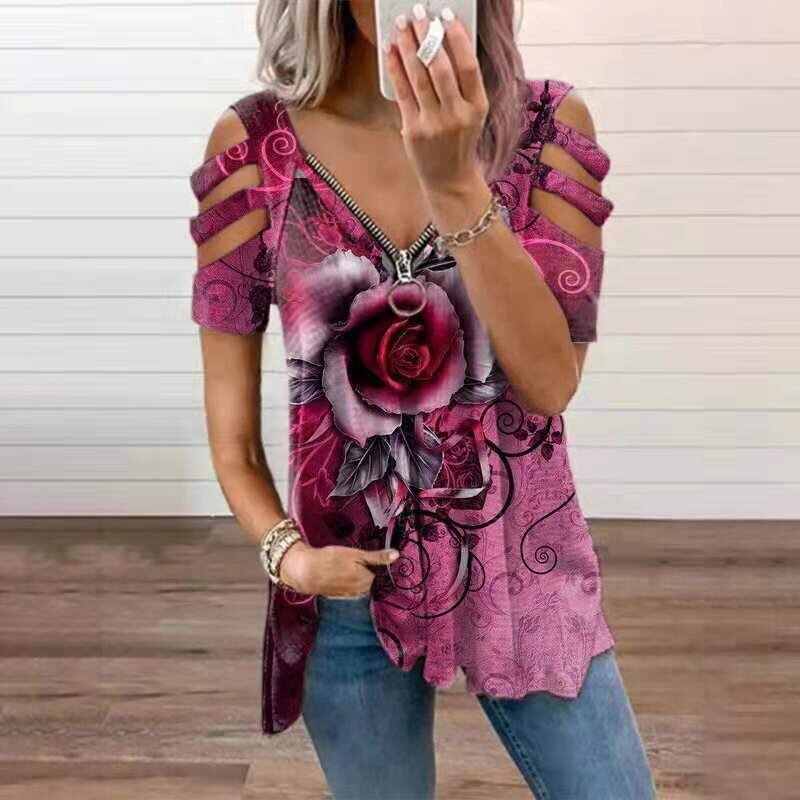 Valenzora | Loose Angel Wings Print Vintage V-Neck Zip T-Shirt