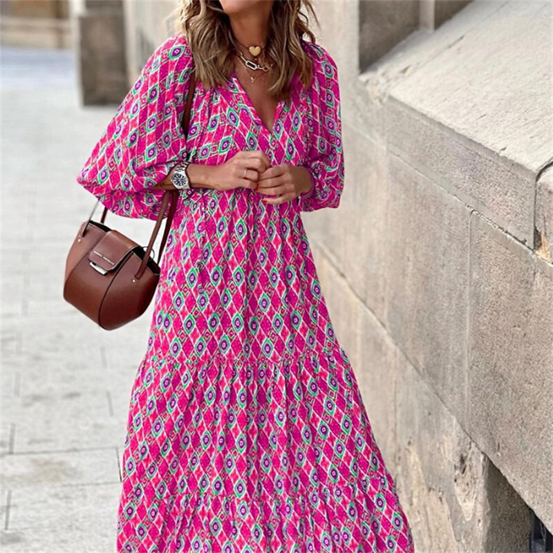Valenzora | Geometric dress with puff sleeves for women