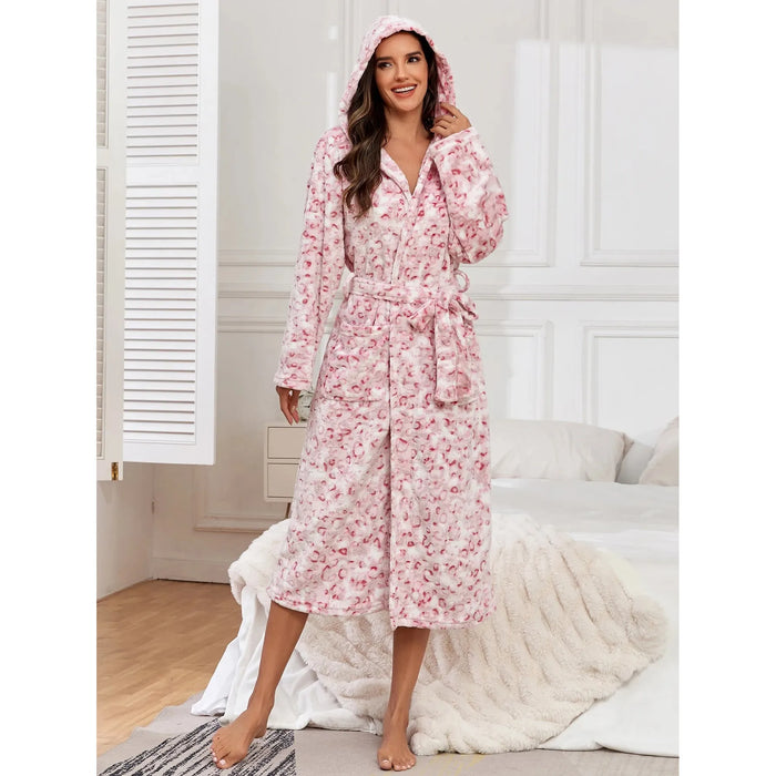 Valenzora | Long-sleeved leopard print hooded bathrobe with belt and pockets