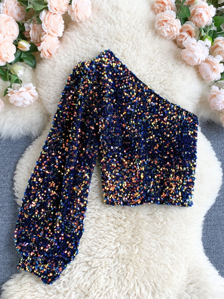 Valenzora | Glittering top with one shoulder strap