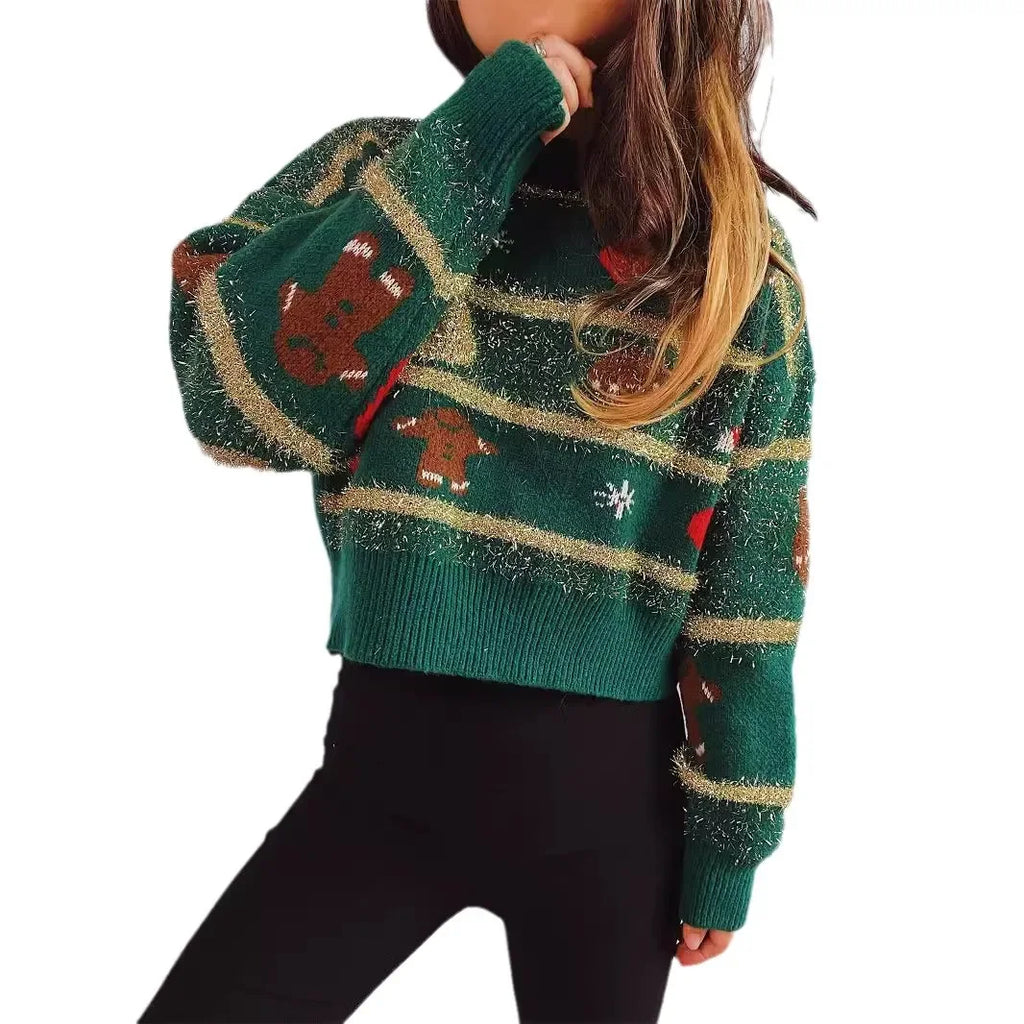 Valenzora - Ugly Christmas Sweater - Jacquard knitted short sweater with gold stripes