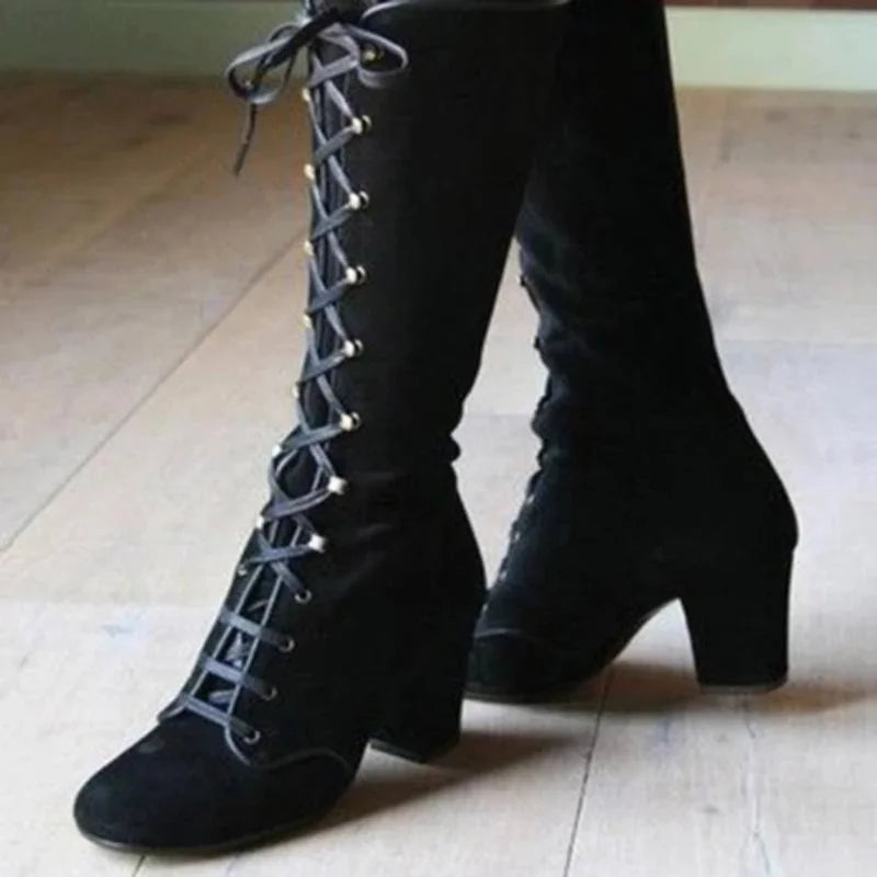 Valenzora | Elegant knee-length lace-up boots with block heel
