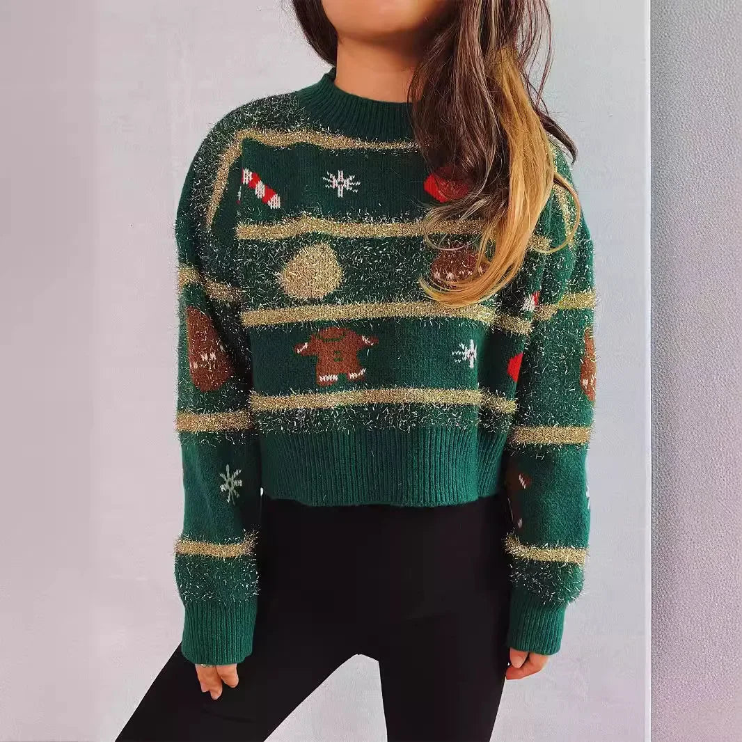 Valenzora - Ugly Christmas Sweater - Jacquard knitted short sweater with gold stripes
