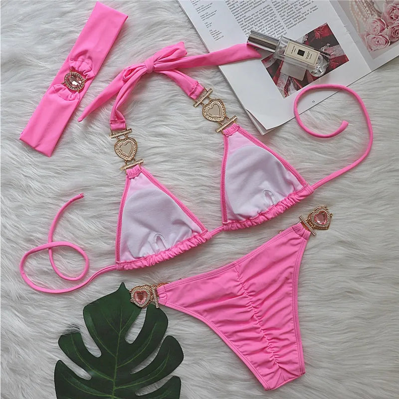 Valenzora | Pink Sexy Bikinis Swimwear with Heart Rhinestones Women's Swimwear Female Push-Up Bikini Beach Swimwear Bathing Suits Pool Swimwear