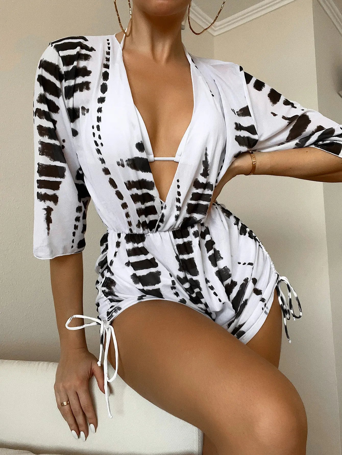 Valenzora | 3-Piece Bikini Tropical Print Swimwear Halter Lace-Up Side Swimsuit Women's Bathing Suit Female Swimming Summer Beachwear