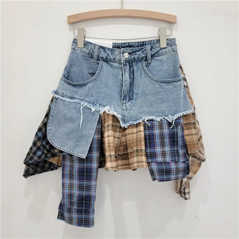 Valenzora | Vintage Irregular Patchwork Checkered Denim Short Skirts for Women High Waist Wrapped Hip Mini Skirt Summer Female