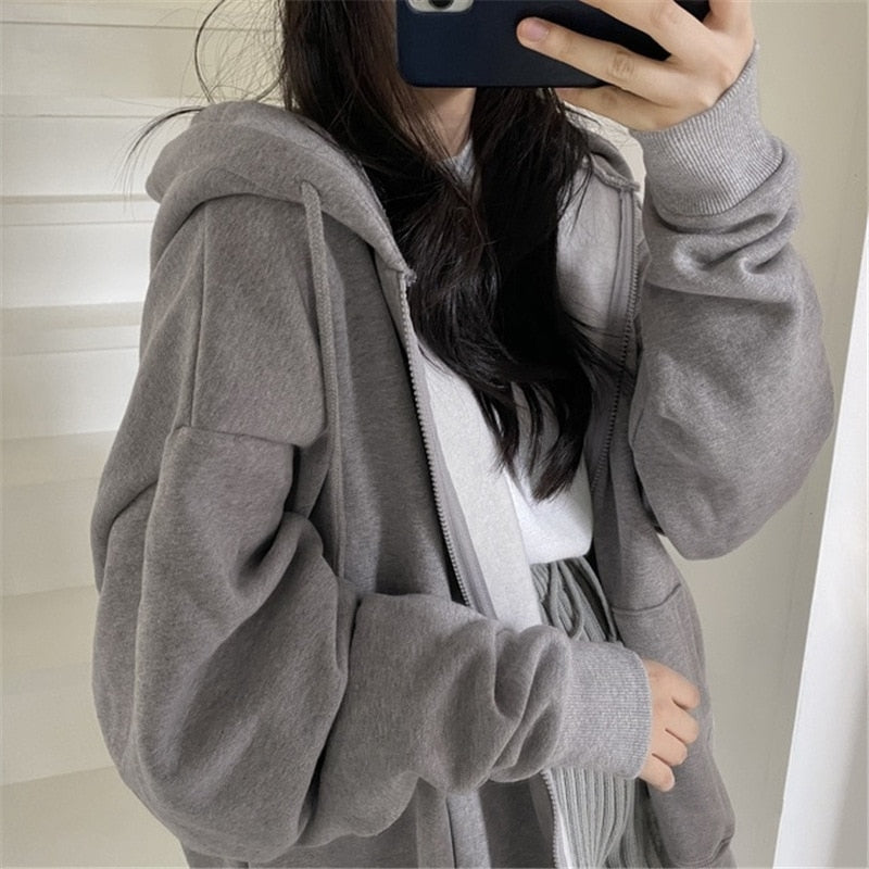 Valenzora Zip-up Oversized Solid Pocket Hooded Long Sleeve Loose Baseball Jacket
