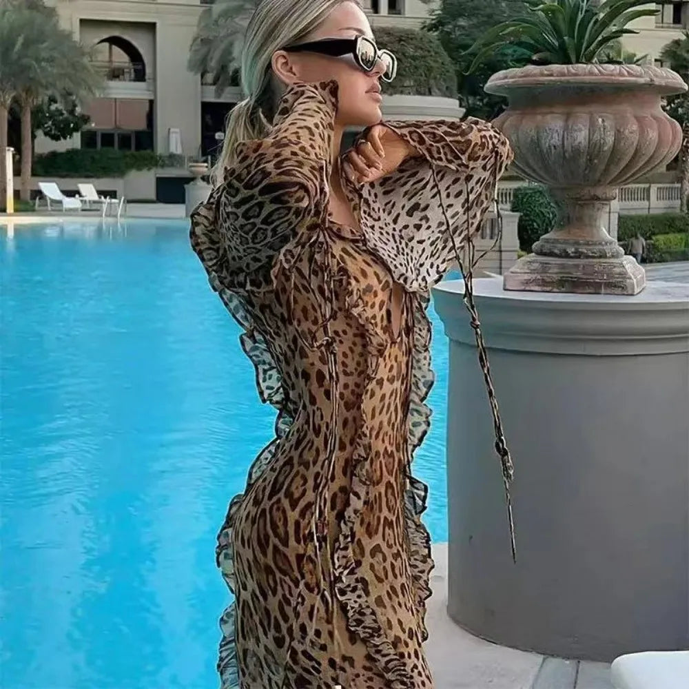 Valenzora | Leopard print dress with ruffles and high slit