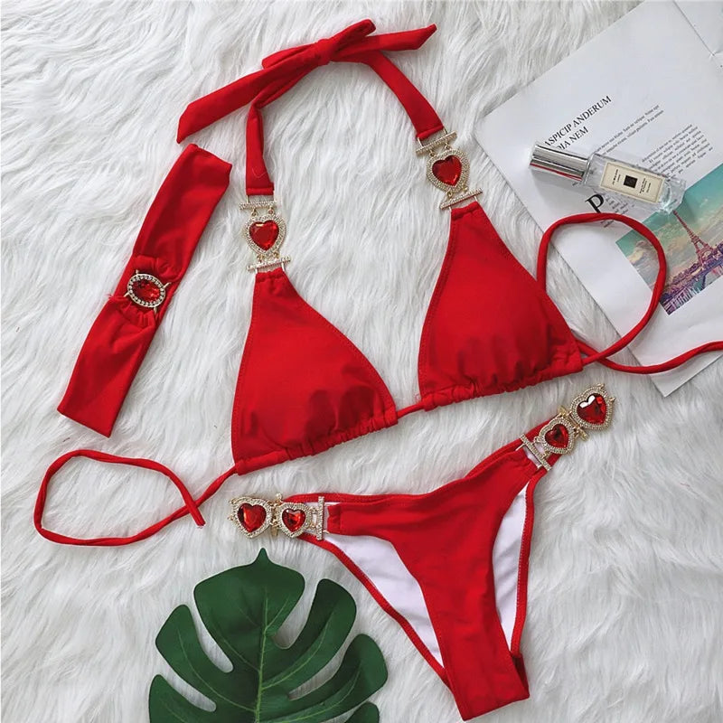 Valenzora | Pink Sexy Bikinis Swimwear with Heart Rhinestones Women's Swimwear Female Push-Up Bikini Beach Swimwear Bathing Suits Pool Swimwear