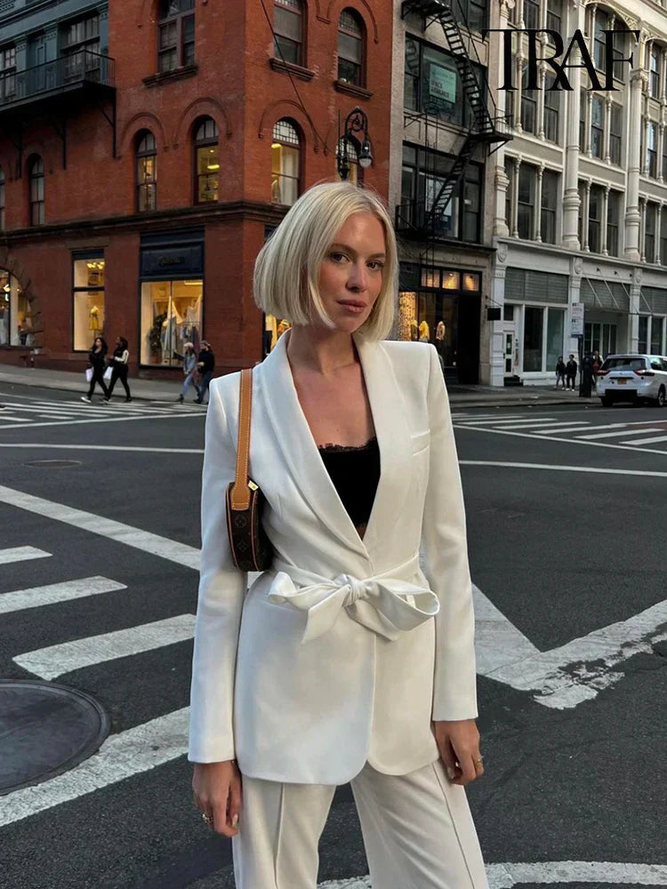 Valenzora | Women's Casual Blazer, Chic Outerwear, Elegant Flared Trousers, Long Sleeve, V-neck, Belt, Office Commuter Suit Set