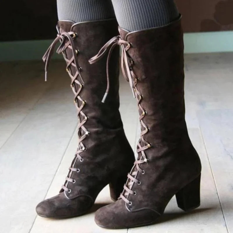 Valenzora | Elegant knee-length lace-up boots with block heel