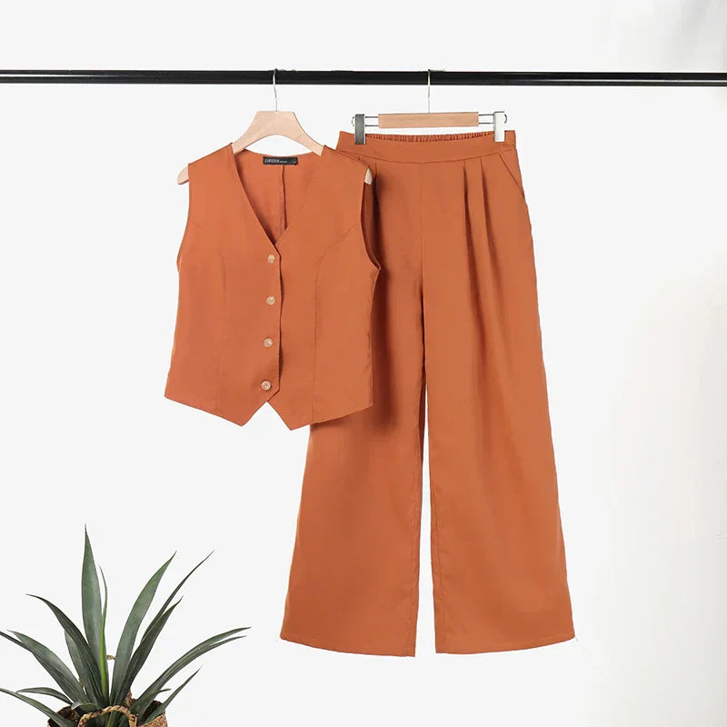 Valenzora Modern Set | Elegant sleeveless V-neck top and wide-leg trousers women's suit