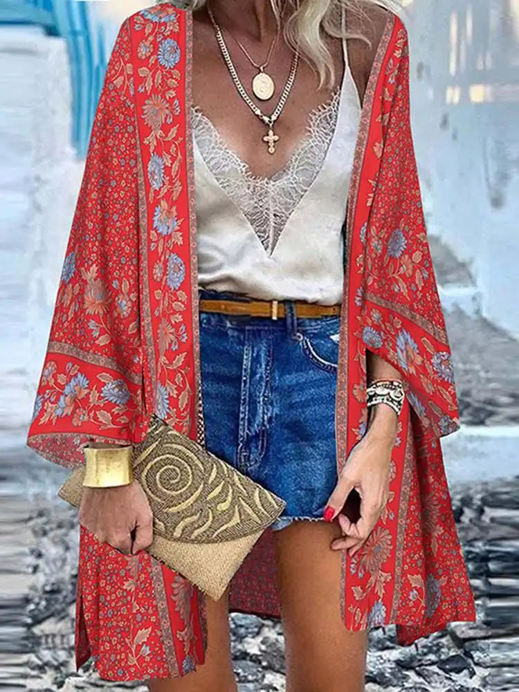 Valenzora | Sommerliche Damenstrickjacke im Boho-Stil mit buntem Blumenmuster