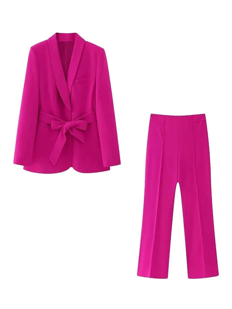 Valenzora | Women's Casual Blazer, Chic Outerwear, Elegant Flared Trousers, Long Sleeve, V-neck, Belt, Office Commuter Suit Set