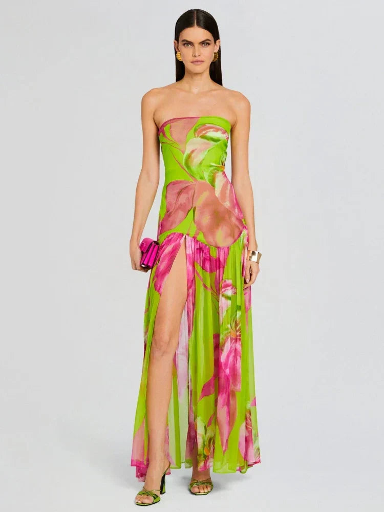 Valenzora | Neues Sommer-Druck-Trägerloses Mesh-Patchwork-Schlitz-Langes Kleid Frauen Sexy Ärmelloses Buntes Bedrucktes Holiday Maxikleid Party