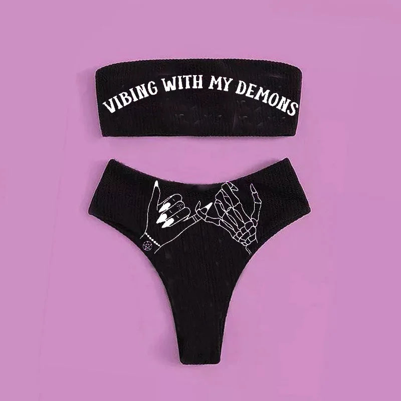 Valenzora | Sexy Gothic Bikini Damen Buchstaben Totenkopf Print Badeanzug Split Badeanzug High Waist Gothic Bikini Set Strand Outfits