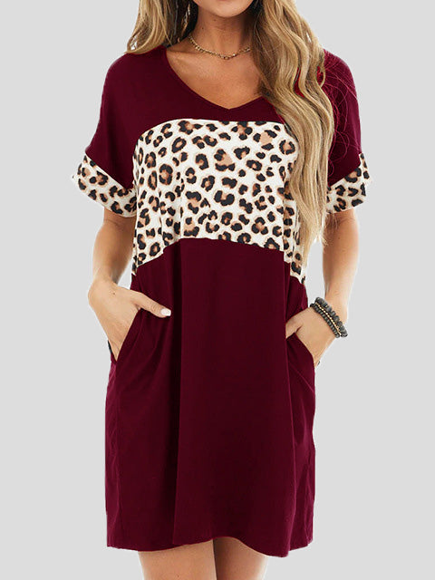 Valenzora | Women's Crew Neck Leopard Panel Dress with Pocket, Casual Dress