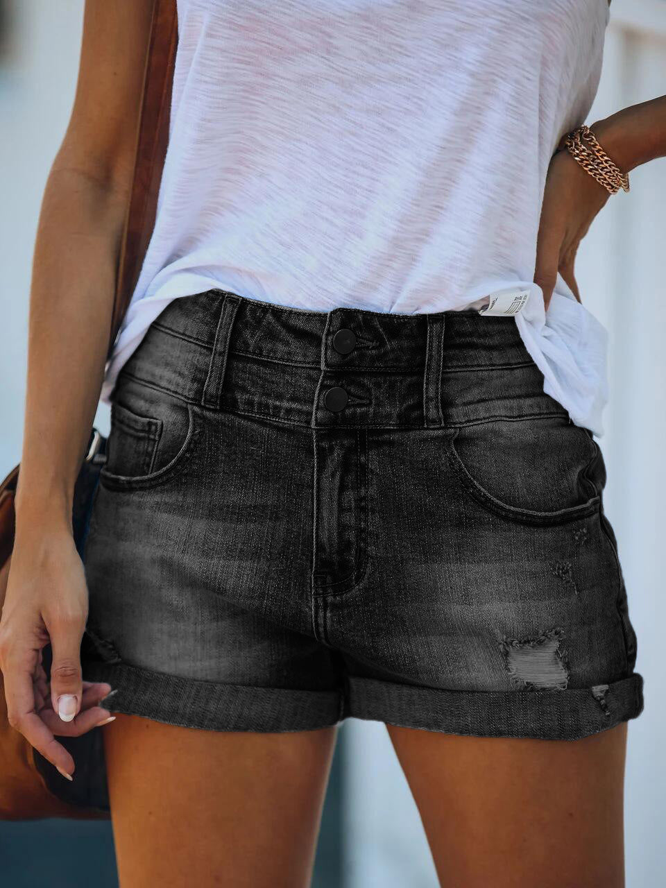 Valenzora | Women's Denim Shorts Ripped Rolled Stretch High Waist Denim Shorts