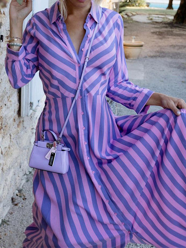 Valenzora | Women's Striped Dress with Lapel Button, Long Sleeve Shirt Dress