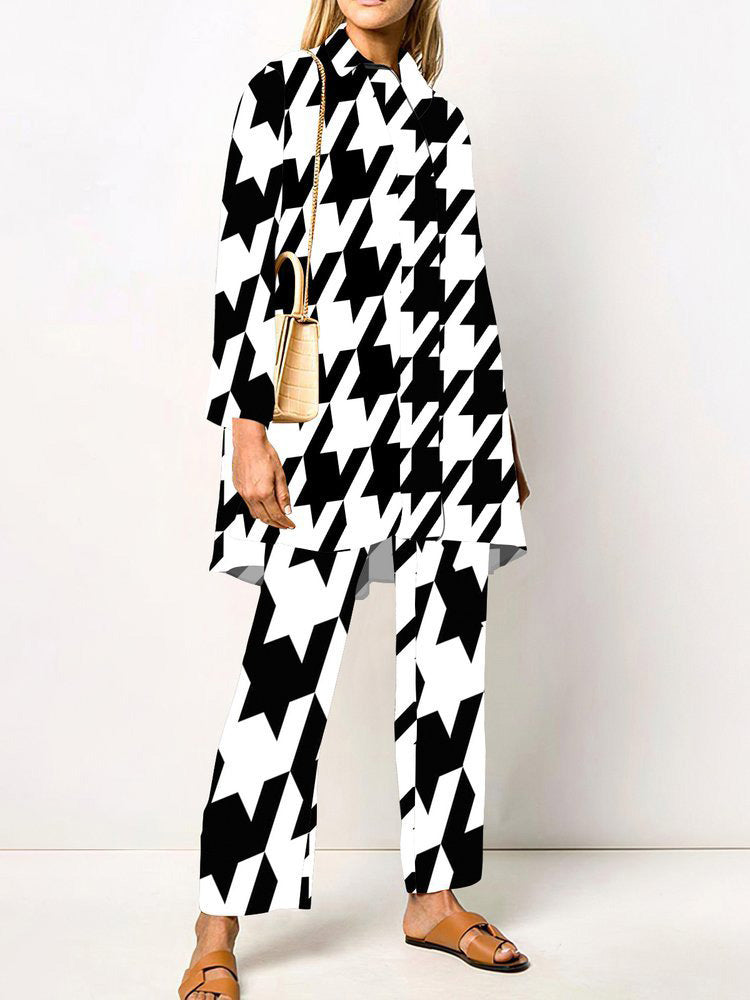 Valenzora | Women's Set Printed Long-Sleeve Blouse & Trousers Two-Piece Set