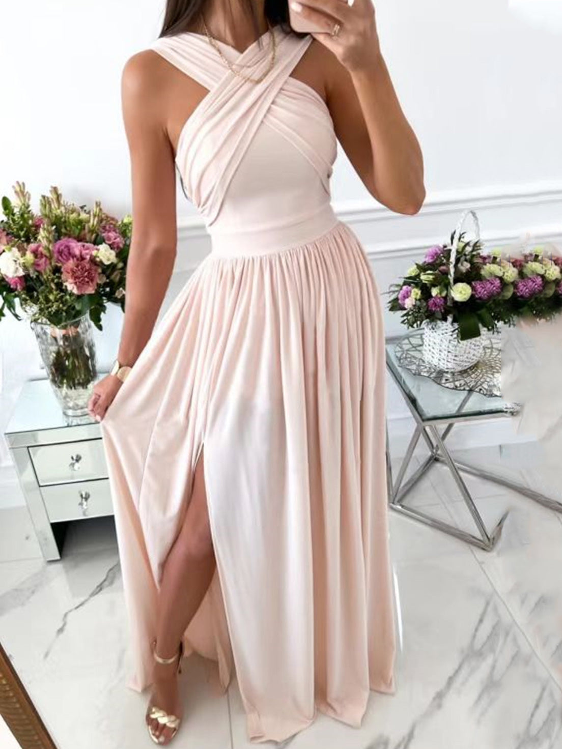 Valenzora | Women's Dresses Necktie Open Back Sleeveless Slit Dress