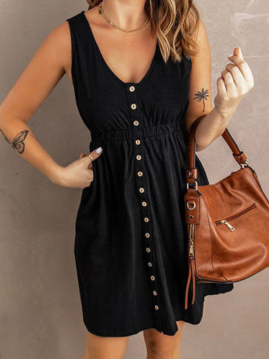 Valenzora | Women's Dresses Solid Color Button Elastic Waist Sleeveless Dress
