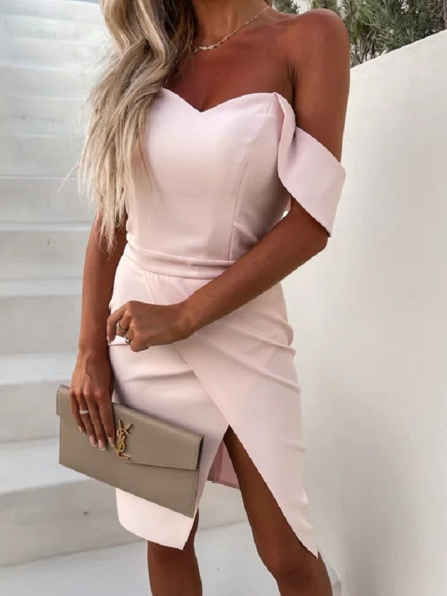 Valenzora | Damen einfarbiges One-Shoulder-Kleid mit Schlitz und schmaler Passform