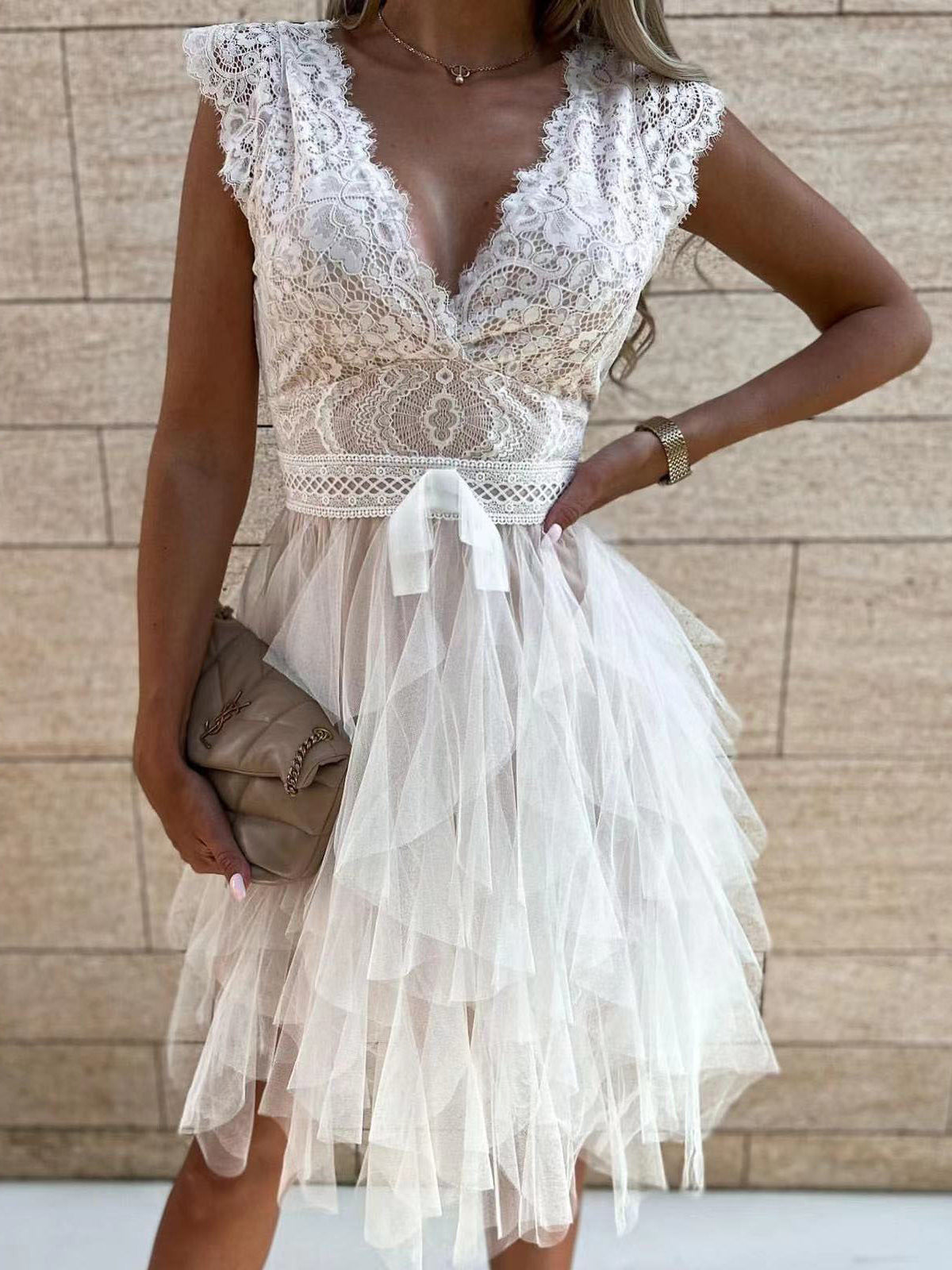 Valenzora | Women's V-neck Lace Mesh Irregular Dress