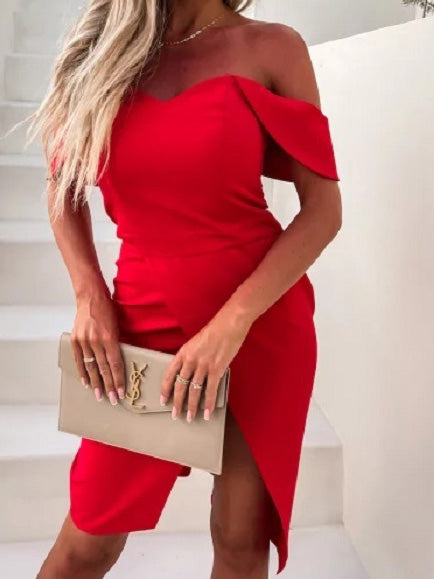 Valenzora | Damen einfarbiges One-Shoulder-Kleid mit Schlitz und schmaler Passform