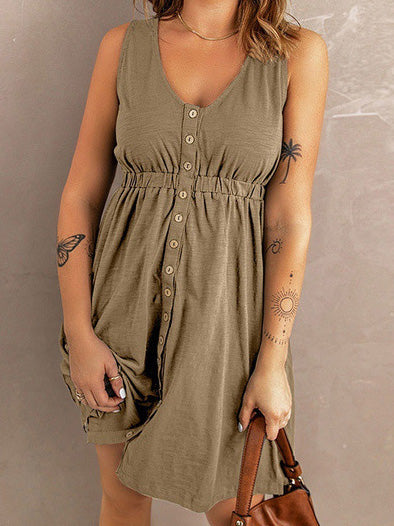 Valenzora | Women's Dresses Solid Color Button Elastic Waist Sleeveless Dress