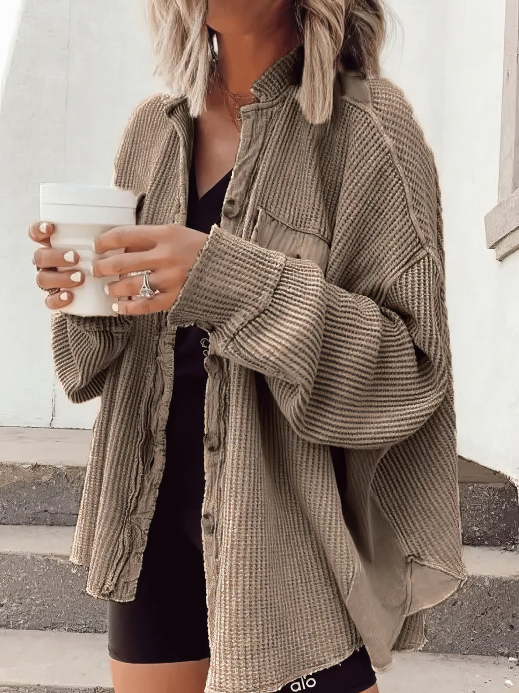 waffle-button long-sleeved shirt jacket