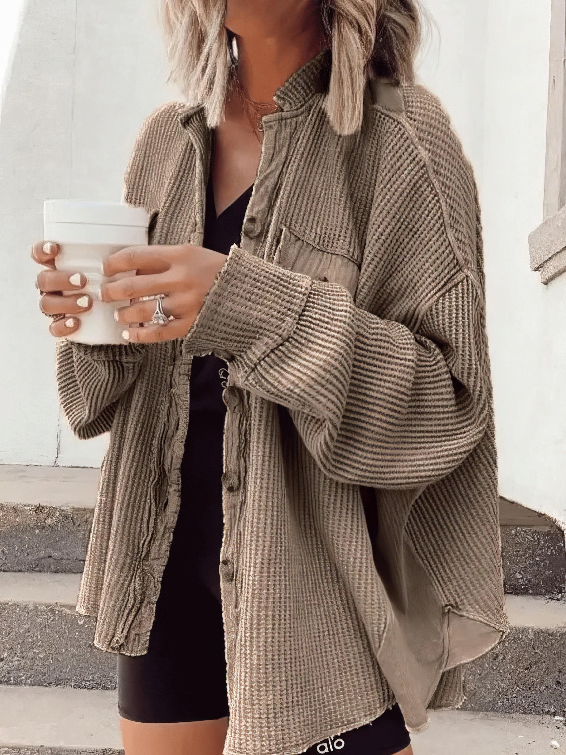 waffle-button long-sleeved shirt jacket