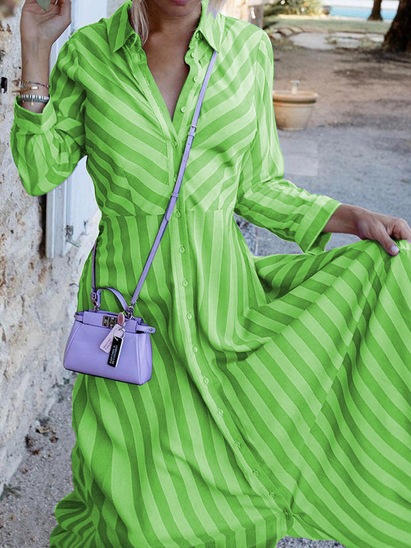 Valenzora | Women's Striped Dress with Lapel Button, Long Sleeve Shirt Dress