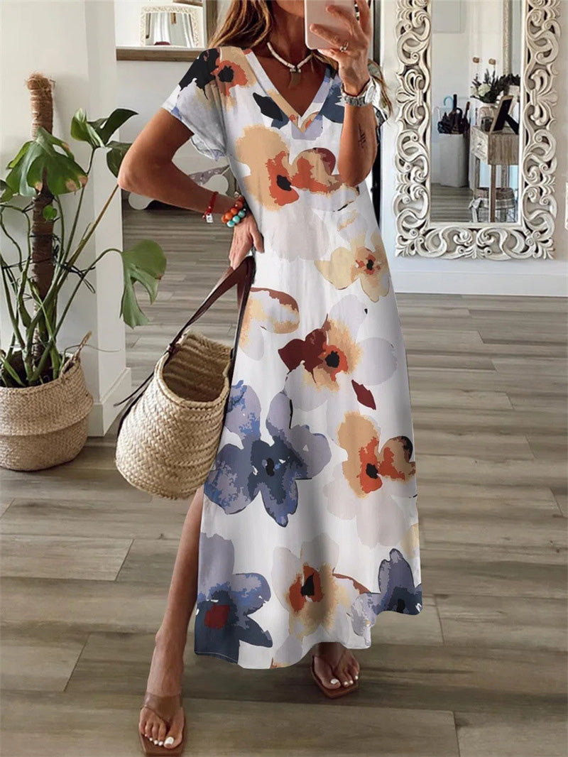 Valenzora | Damen V-Ausschnitt Kurzarm-Schlitzkleid mit Blumenmuster