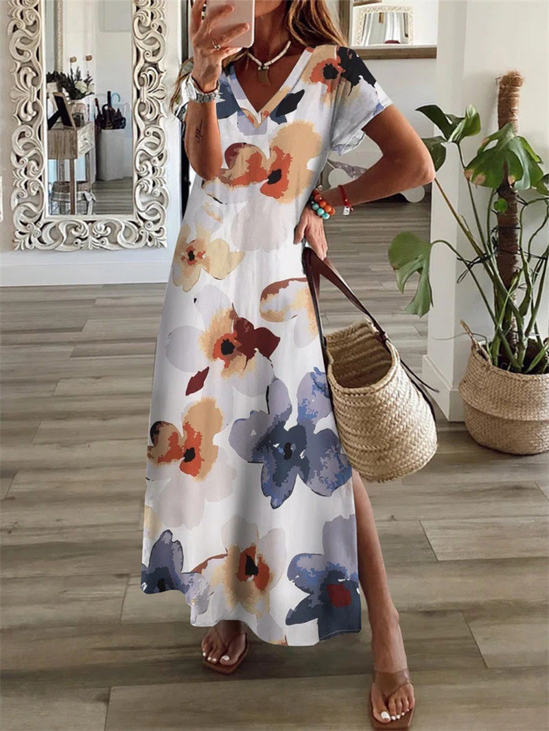 Valenzora | Damen V-Ausschnitt Kurzarm-Schlitzkleid mit Blumenmuster