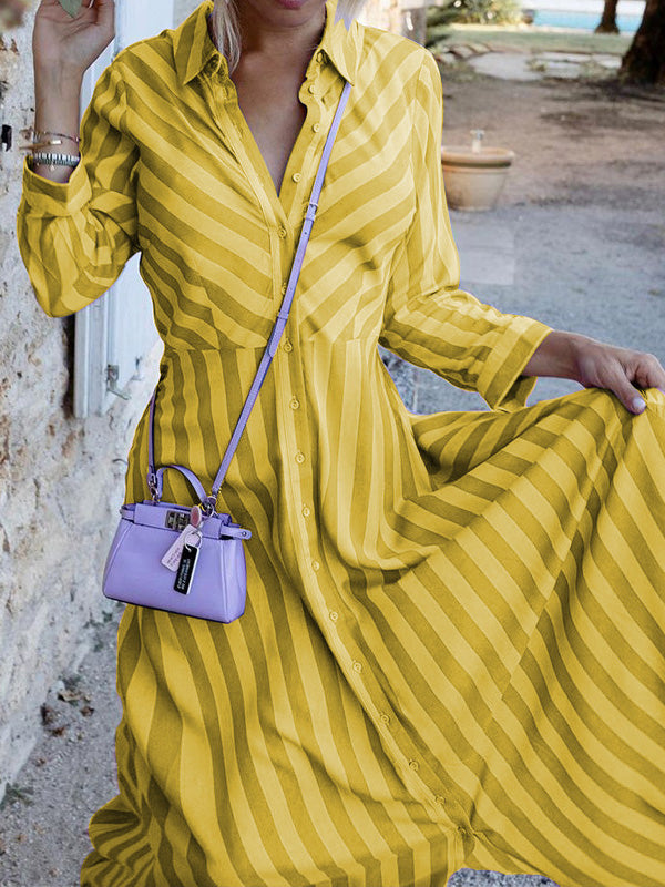 Valenzora | Women's Striped Dress with Lapel Button, Long Sleeve Shirt Dress