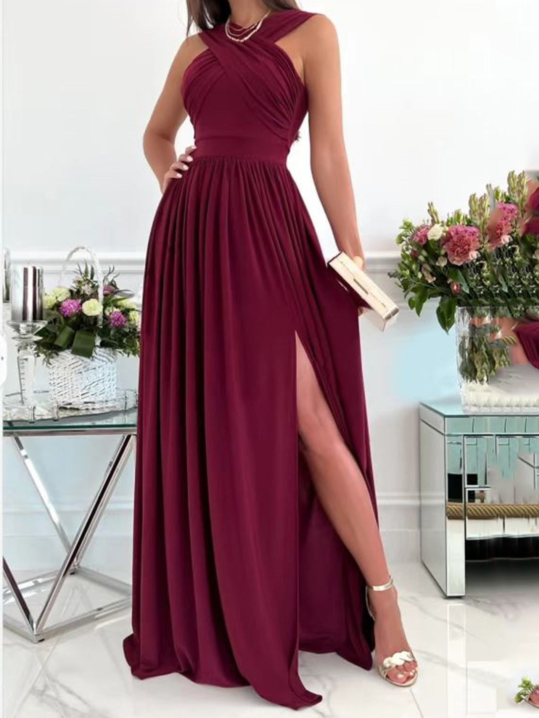 Valenzora | Women's Dresses Necktie Open Back Sleeveless Slit Dress