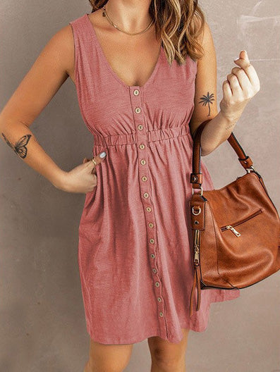 Valenzora | Women's Dresses Solid Color Button Elastic Waist Sleeveless Dress