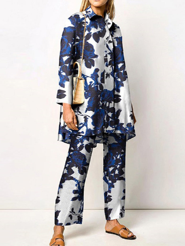 Valenzora | Women's Set Printed Long-Sleeve Blouse & Trousers Two-Piece Set