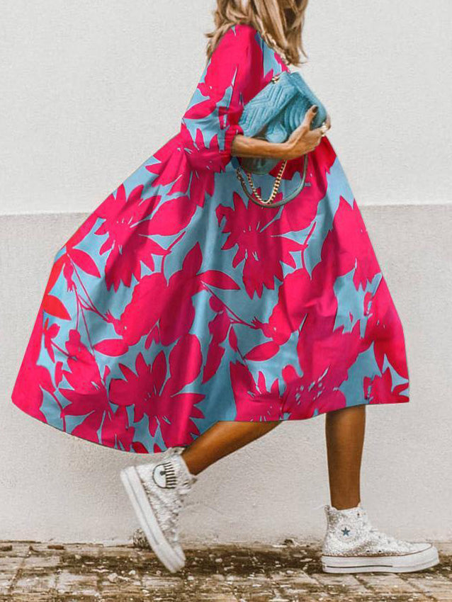 Valenzora | Women's Dresses Loose Printed Short Sleeve Midi Dress