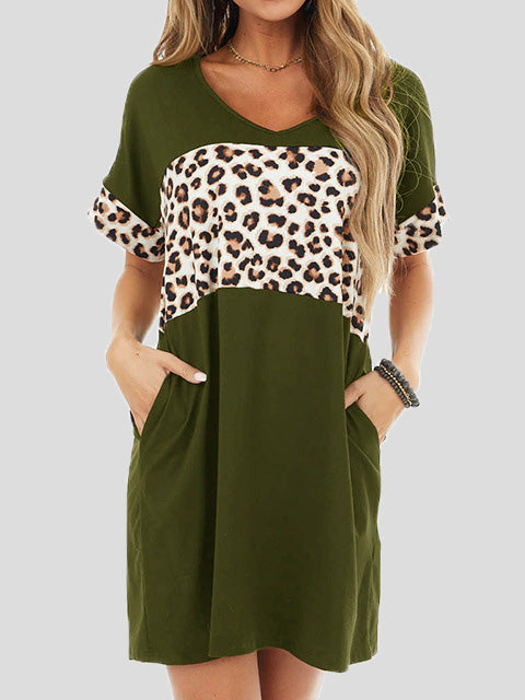 Valenzora | Women's Crew Neck Leopard Panel Dress with Pocket, Casual Dress
