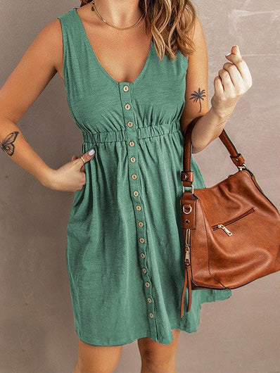 Valenzora | Women's Dresses Solid Color Button Elastic Waist Sleeveless Dress