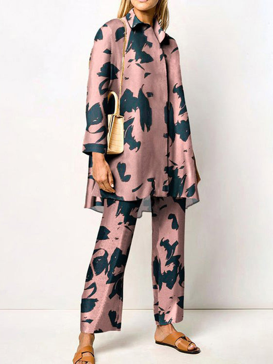 Valenzora | Women's Set Printed Long-Sleeve Blouse & Trousers Two-Piece Set