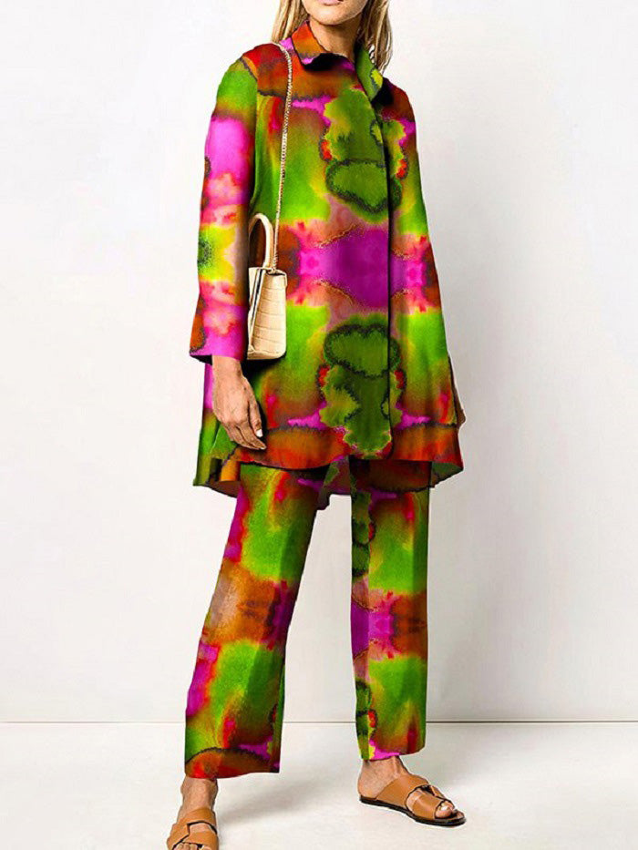 Valenzora | Women's Set Printed Long-Sleeve Blouse & Trousers Two-Piece Set