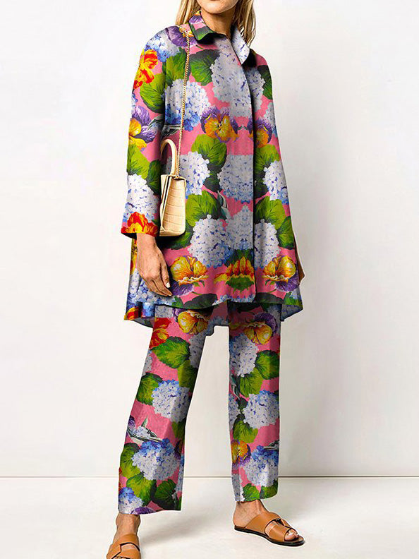 Valenzora | Women's Set Printed Long-Sleeve Blouse & Trousers Two-Piece Set