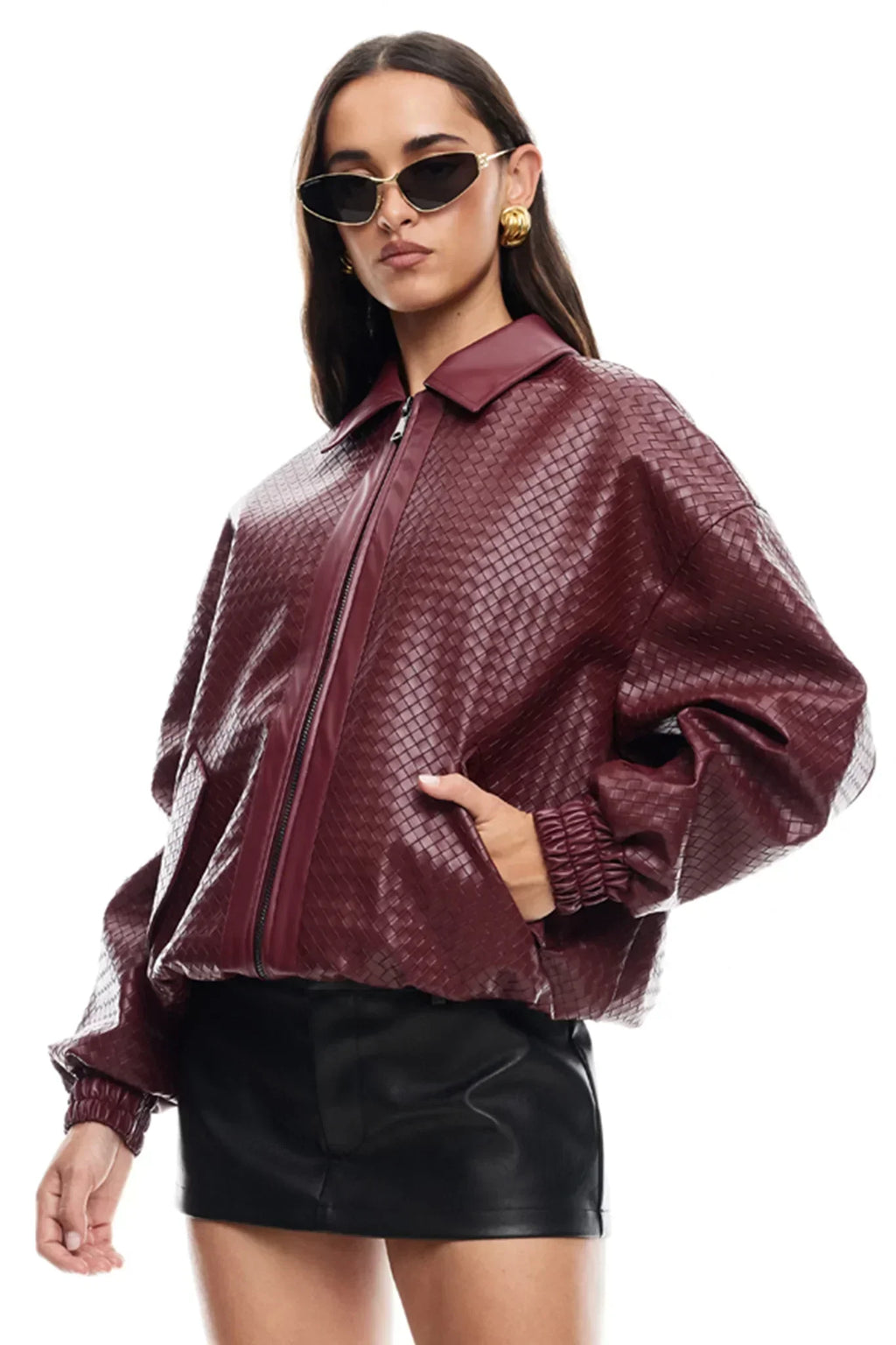 Valenzora | Woven Faux Leather Bomber Jacket